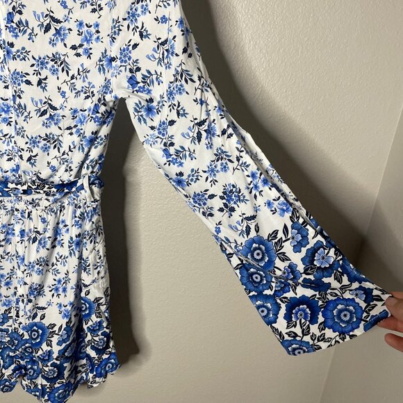 ASOS Parisian Long Sleeve Romper Size 6 Petite Floral Border Print Blue 6P - Picture 3 of 12